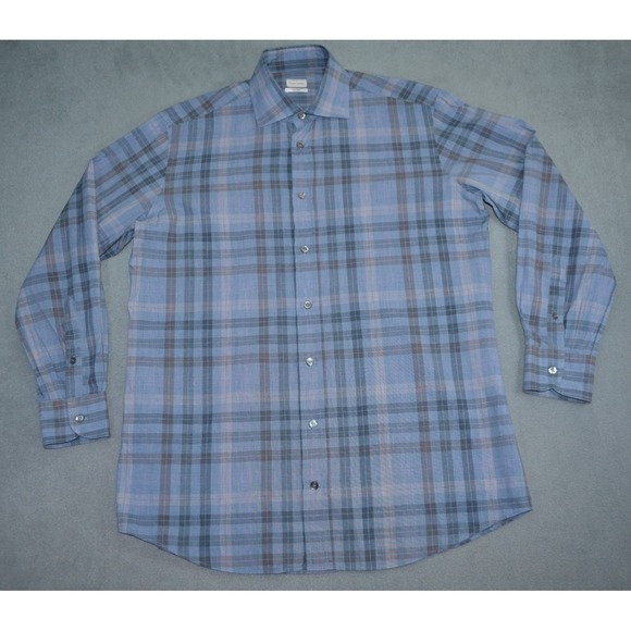 Luciano Barbera Shirt Mens M Blue Plaid Button Up Made Italy Cotton Dress/Casual - Picture 1 of 10